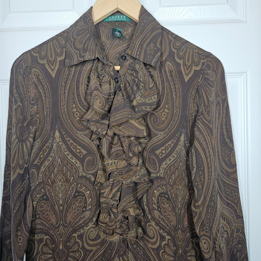 Lauren Ralph Lauren 100% Silk Ruffle Front Paisley Blouse Brown Long Sleeve M - Picture 2 of 10